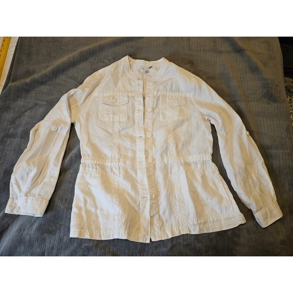 Charter Club White Linen Utility Jacket Drawstring Waist Safari Shirt Jacket Med